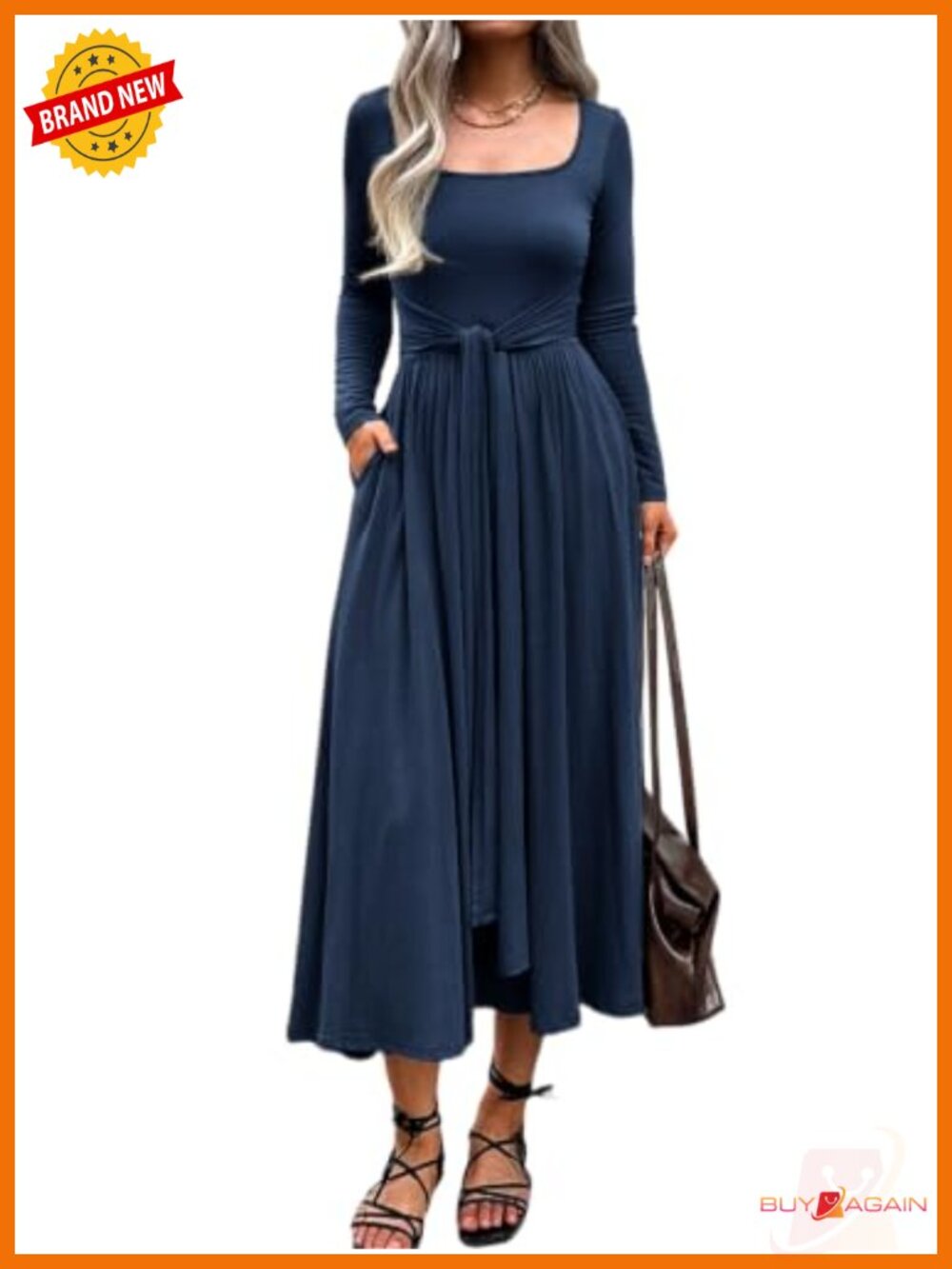 Long Sleeve Square Neck A Line Tie Waist Maxi Dress with Pockets